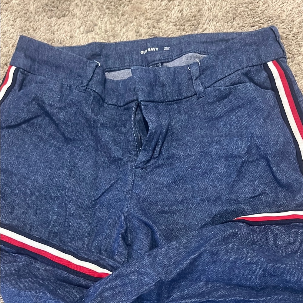 Old Navy Blue Denim pixie pants with Red and White Stripes